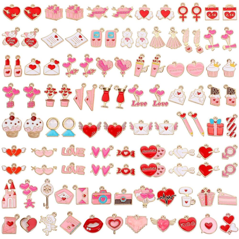 9137 110Pcs Valentine's Day Charms Gold Enamel Jewelry Making Charm Pink